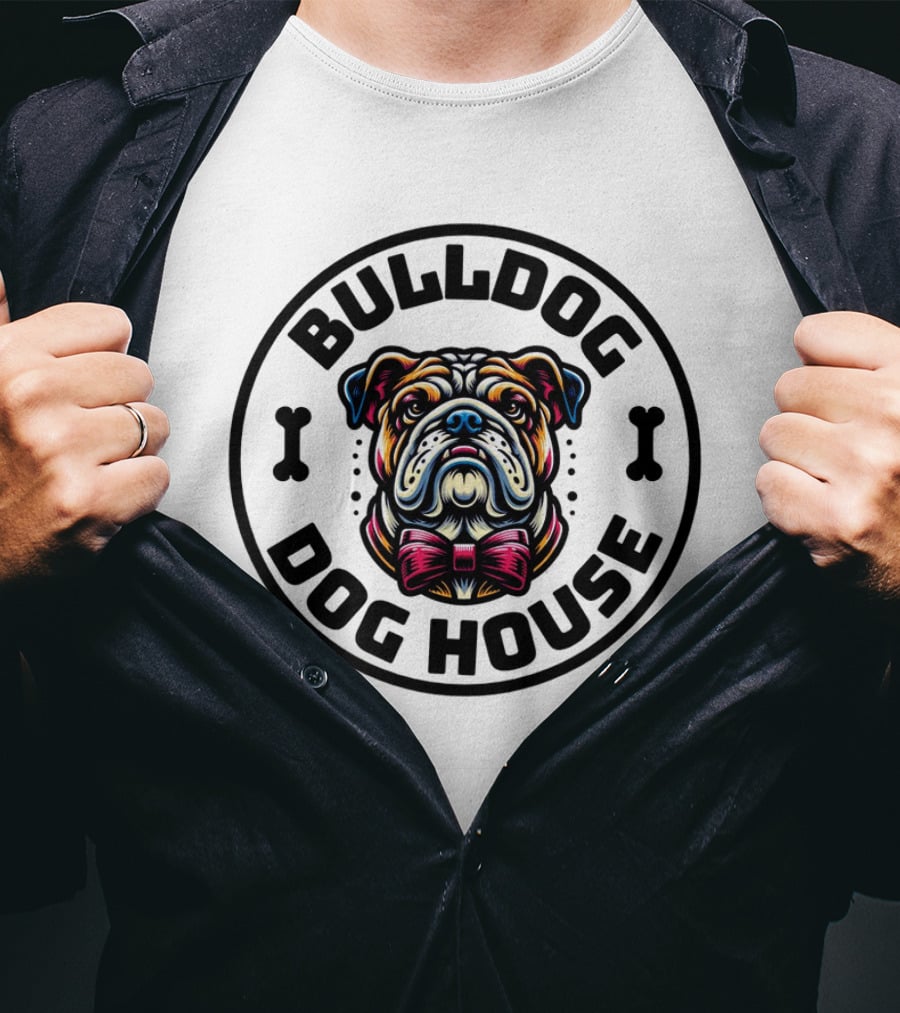 BULLDOG DOG HOUSE Bow Tie Dog Bone Circle T-Shirt