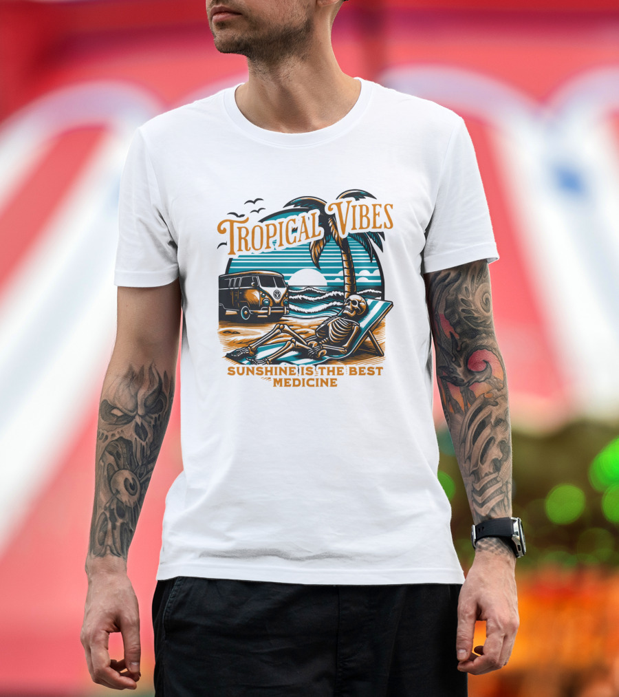 Tropical Vibes Sunshine Is the Best Medicine Skeleton Beach Van Sunset Scene T-Shirt