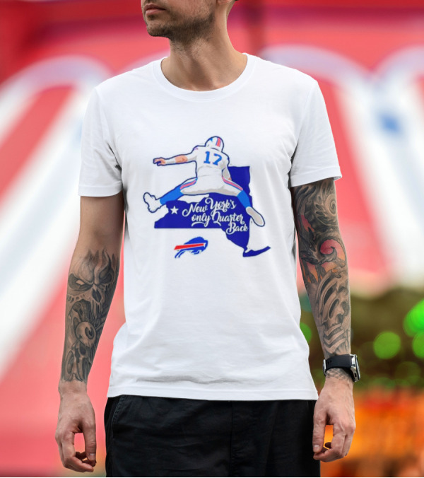Premium T-Shirt: Buffalo Bills 17 New York's Only Quarterback with Iconic Jump and Team Colors T-Shirt Buffalo Bills 17 New York's Only Quarterback with Iconic Jump and Team Colors T-Shirt