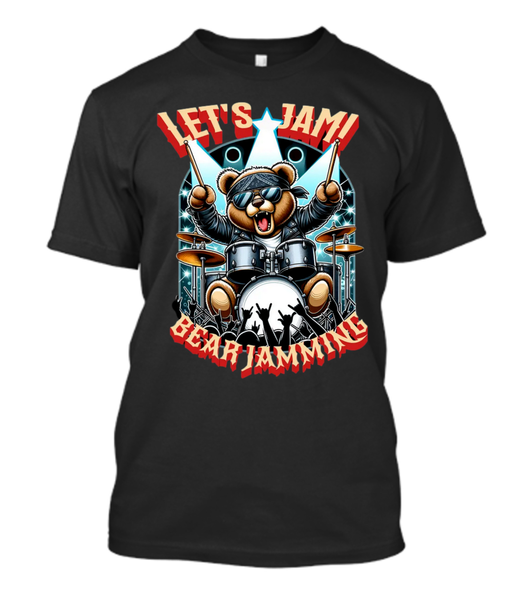 Let's Jam Bear Jamming Rock Drummer Concert Stage Electric Bear T-Shirt