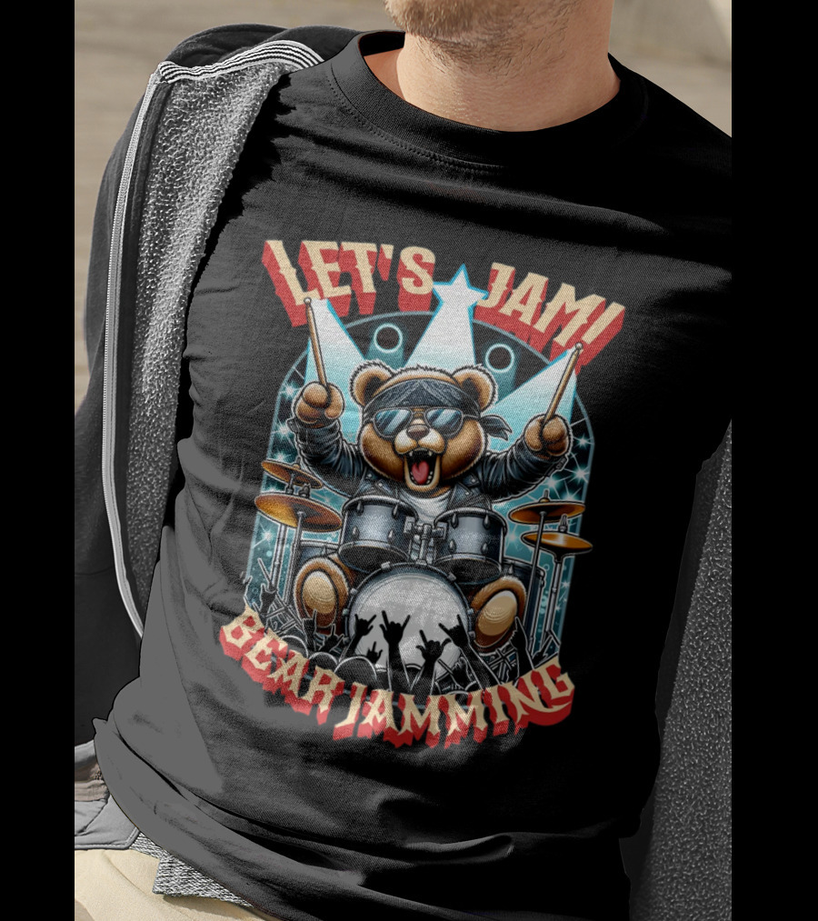 Let's Jam Bear Jamming Rock Drummer Concert Stage Electric Bear T-Shirt