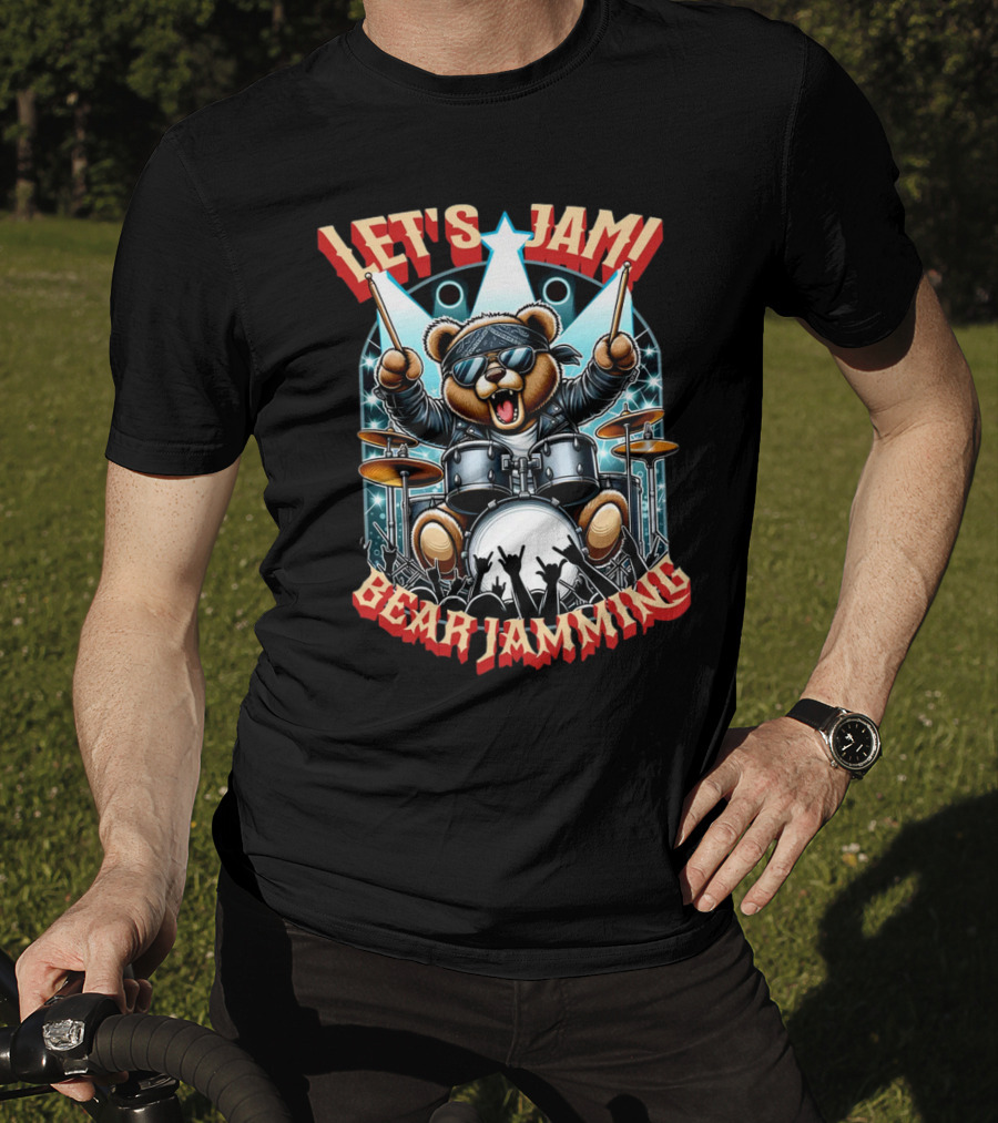Let's Jam Bear Jamming Rock Drummer Concert Stage Electric Bear T-Shirt
