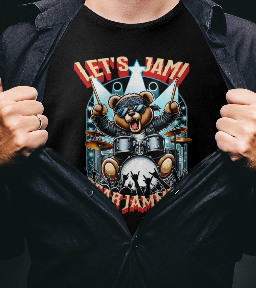 Let's Jam Bear Jamming Rock Drummer Concert Stage Electric Bear T-Shirt