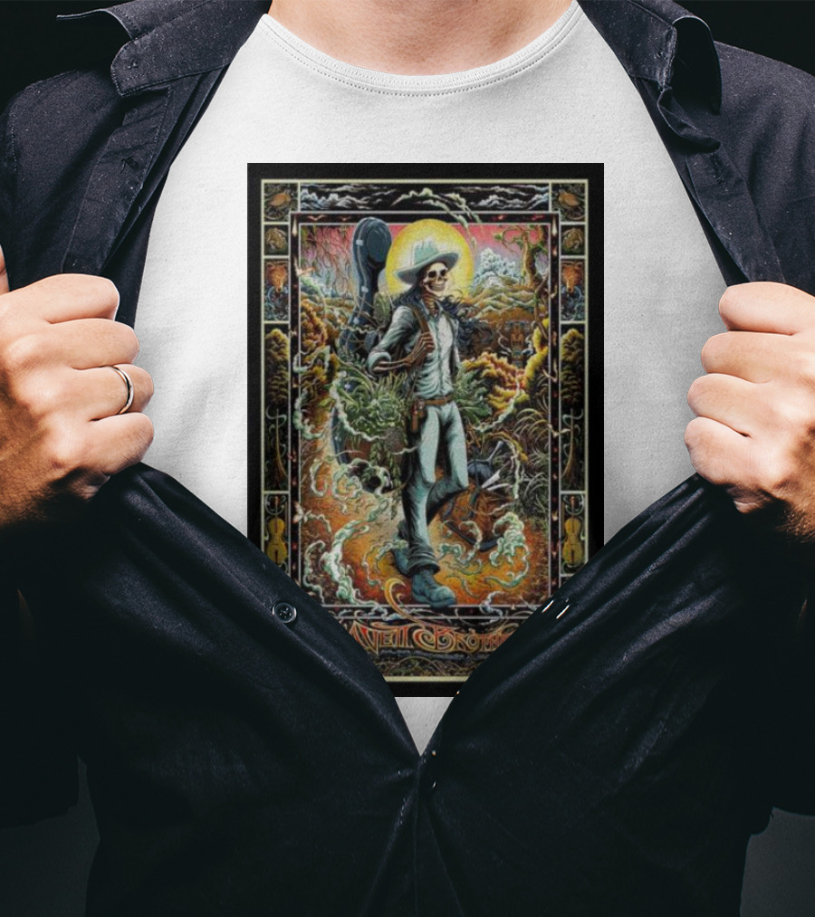 The Avett Brothers Skeleton Cowboy With Guitar And Sunburst Background Stanford T-Shirt