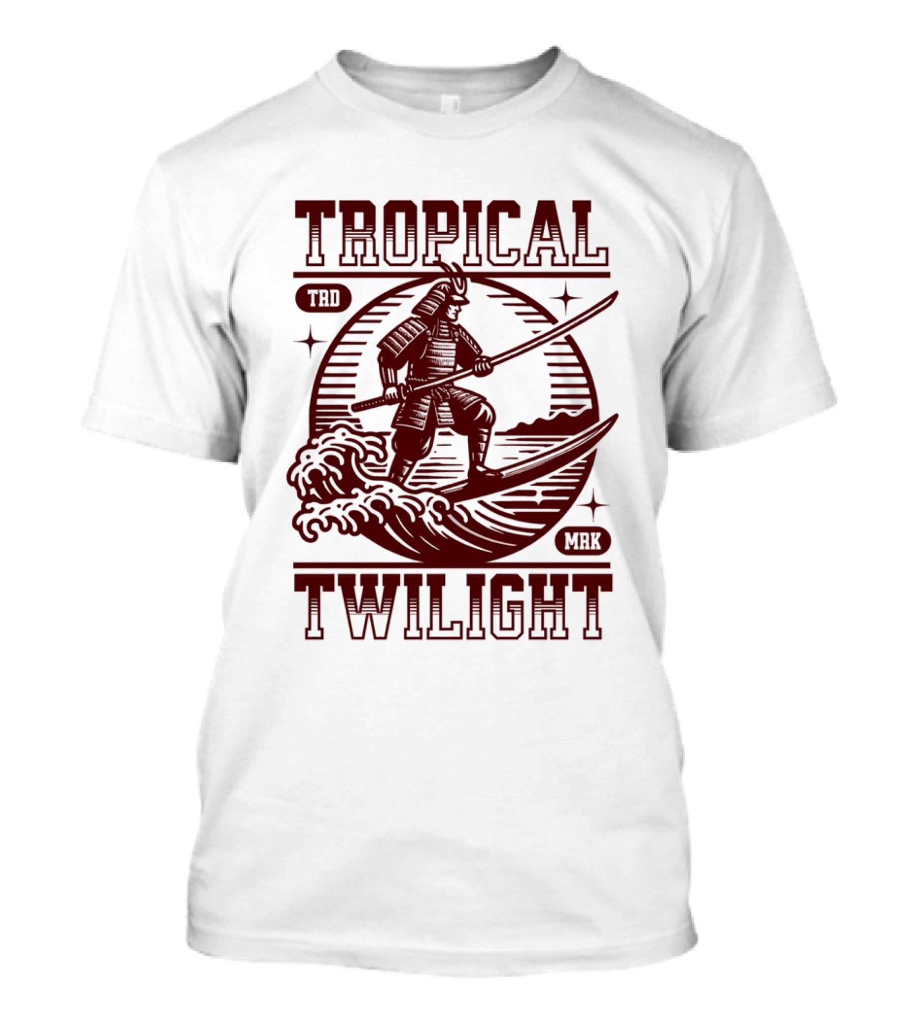 Tropical Twilight Surfing Samurai On Waves In Sunset Scene With TRD MRK T-Shirt