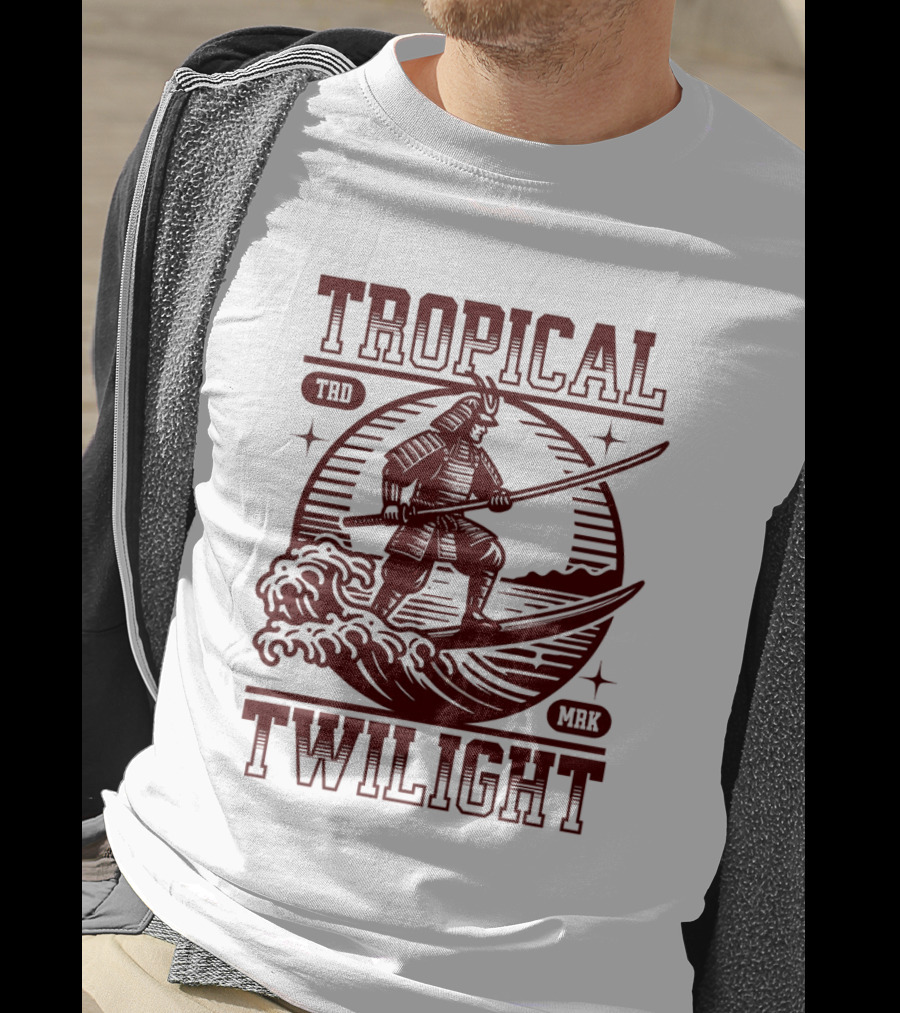 Tropical Twilight Surfing Samurai On Waves In Sunset Scene With TRD MRK T-Shirt