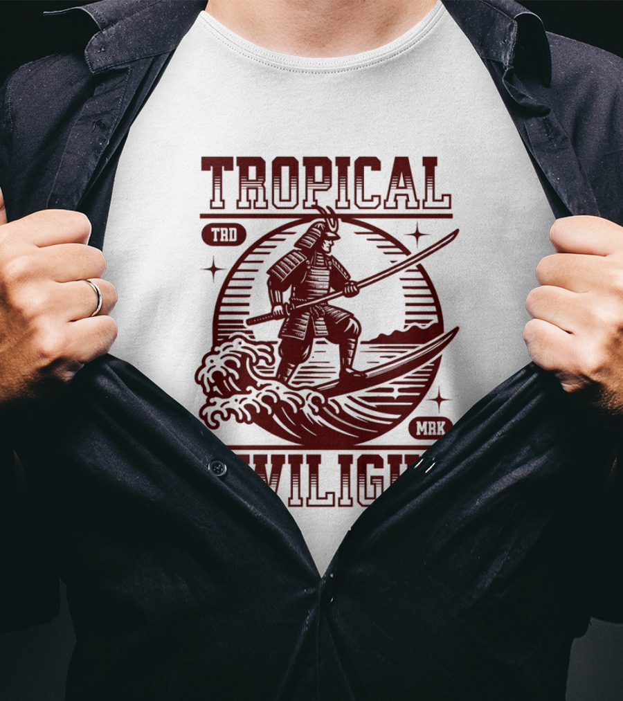 Tropical Twilight Surfing Samurai On Waves In Sunset Scene With TRD MRK T-Shirt
