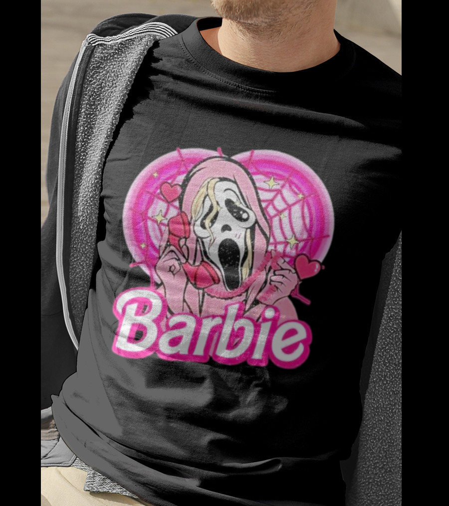 Barbie Horror Doll Ghost Face With Hearts And Pink Spiderwebs T-Shirt