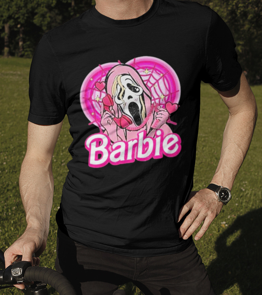 Barbie Horror Doll Ghost Face With Hearts And Pink Spiderwebs T-Shirt