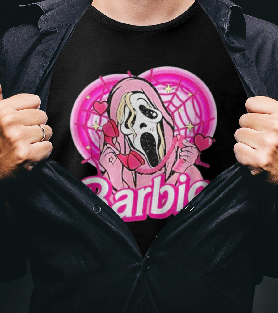 Barbie Horror Doll Ghost Face With Hearts And Pink Spiderwebs T-Shirt