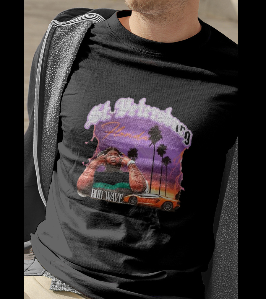 St. Petersburg Florida Rod Wave Purple Sunset Orange Car Palm Trees T-Shirt