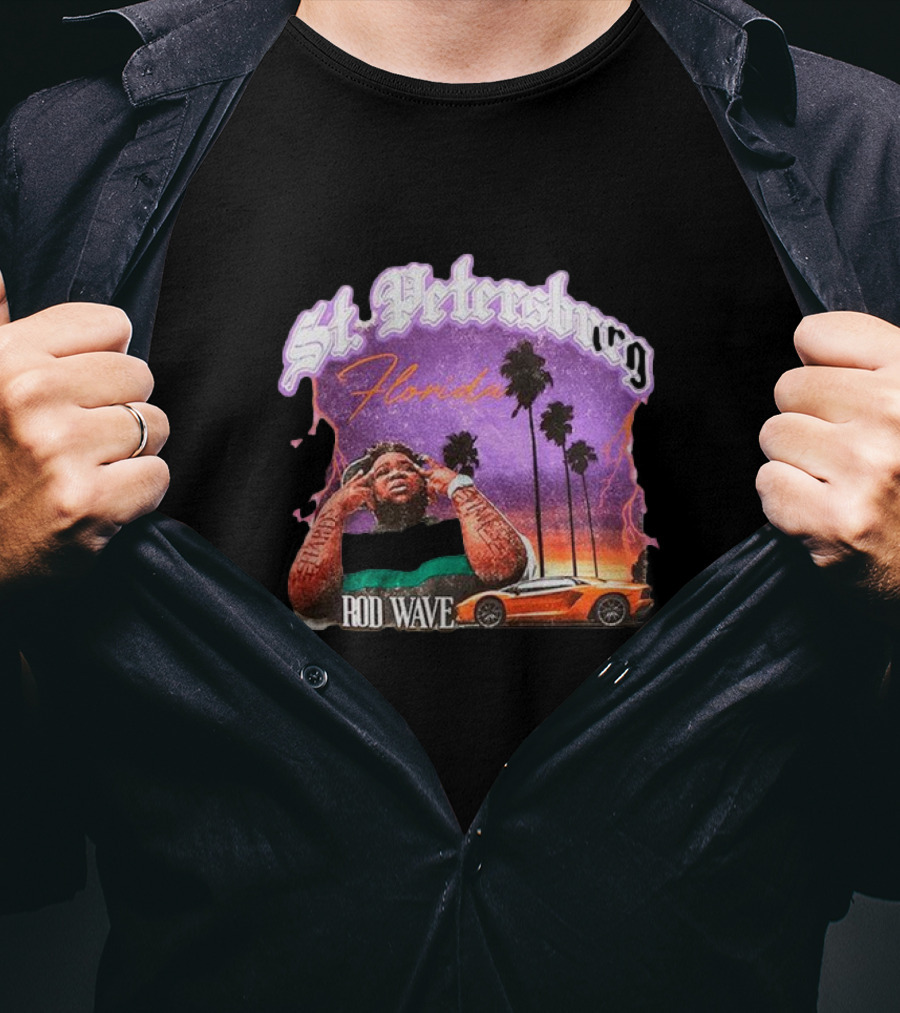 St. Petersburg Florida Rod Wave Purple Sunset Orange Car Palm Trees T-Shirt