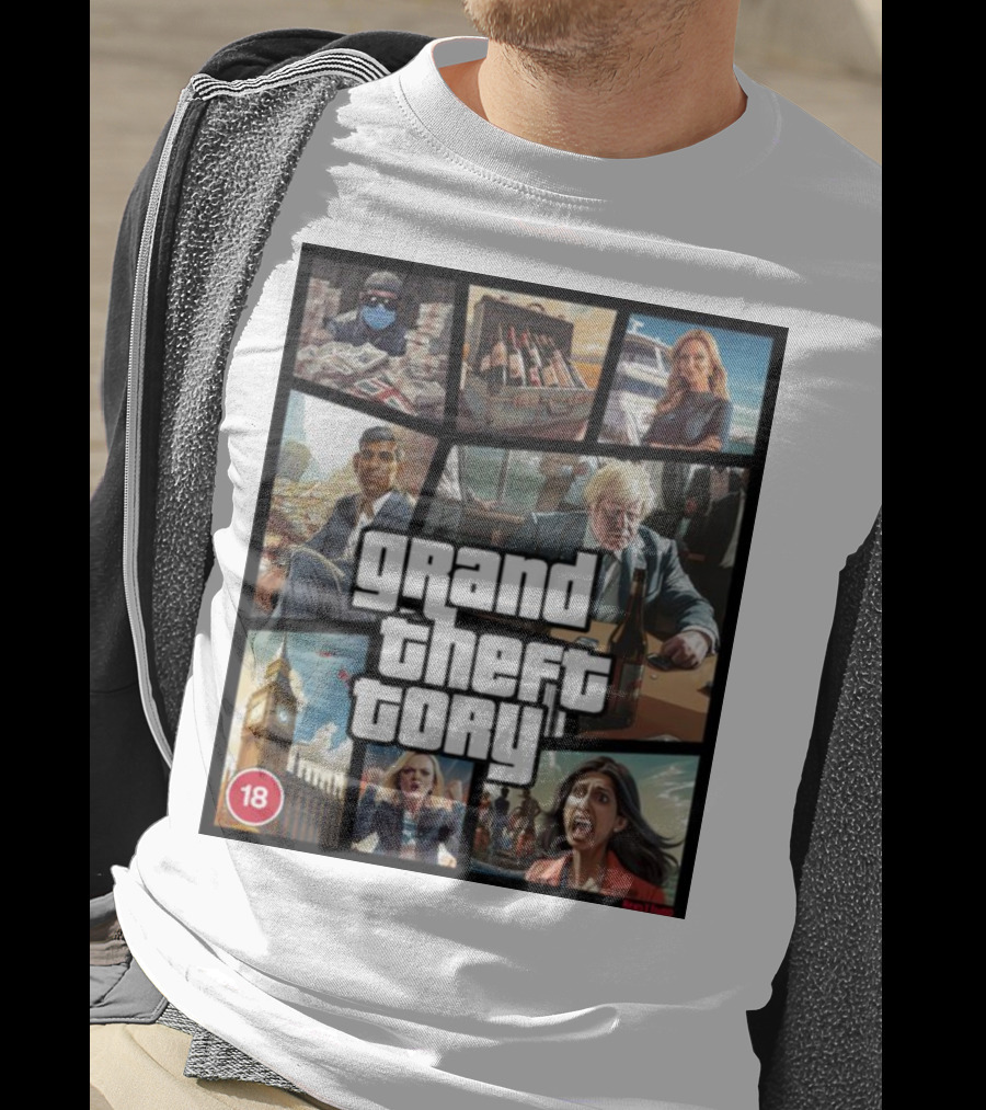 Grand Theft Tory GTA Big Ben Crime Drama 18+ Rating T-Shirt
