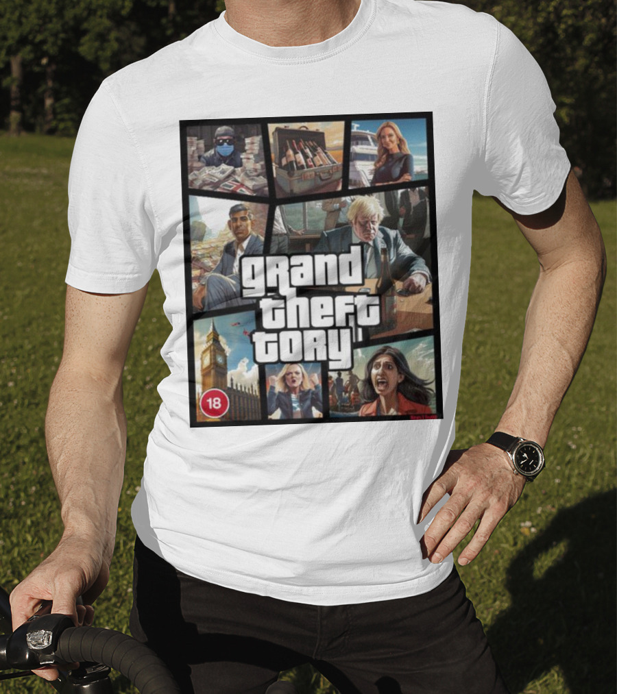 Grand Theft Tory GTA Big Ben Crime Drama 18+ Rating T-Shirt