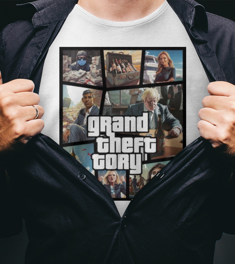 Grand Theft Tory GTA Big Ben Crime Drama 18+ Rating T-Shirt