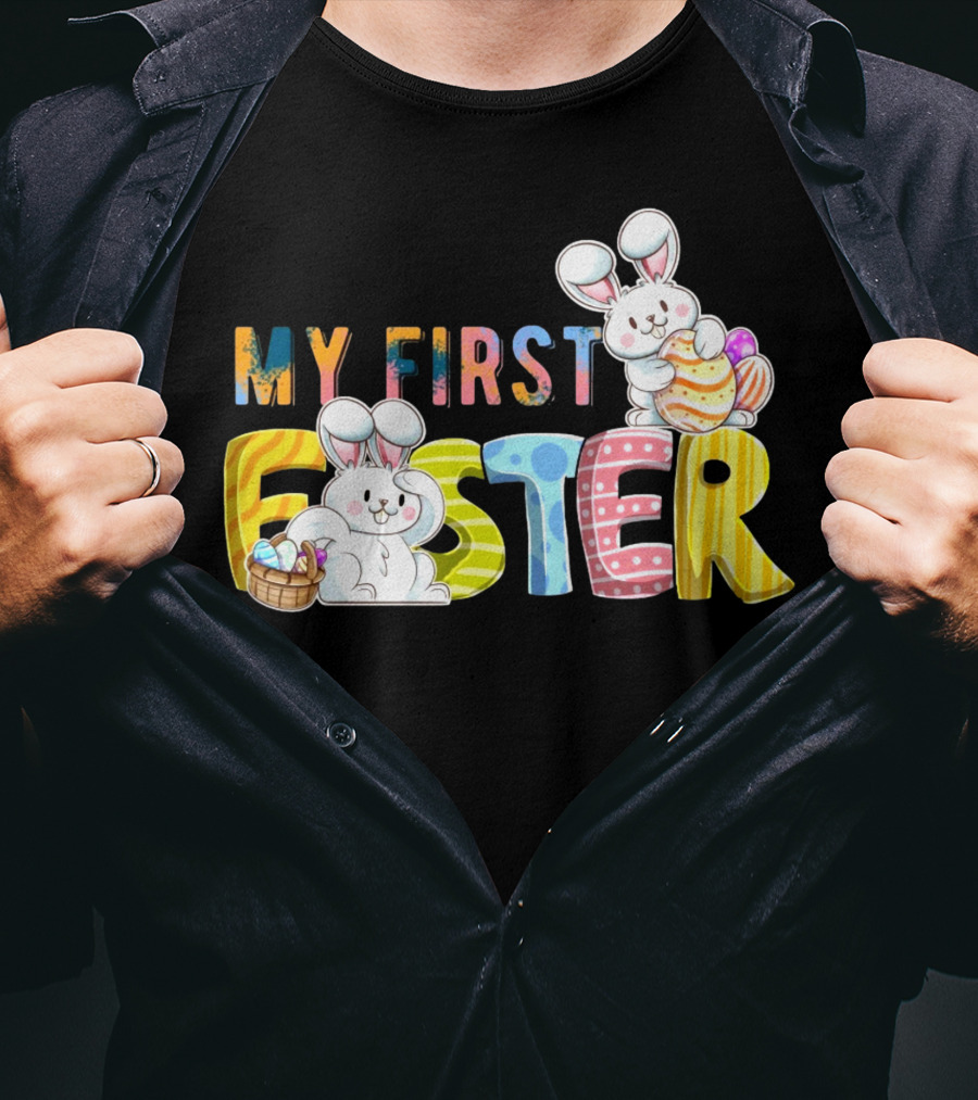 My First Easter Baby Boy Easter Bunny With Colorful Eggs And Bunnies T-Shirt