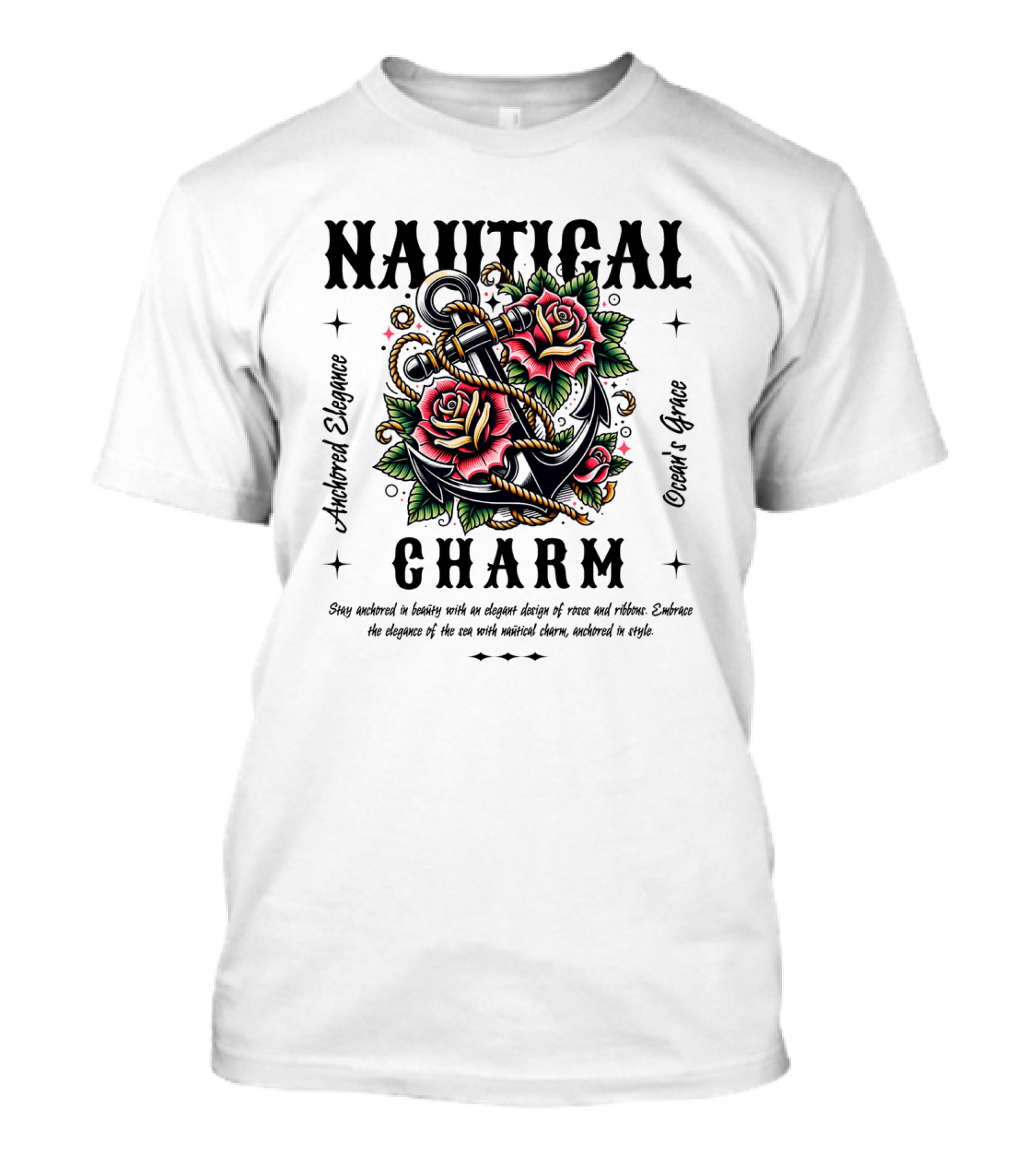 Nautical Charm Anchored Elegance Ocean's Grace Rose Ribbon T-Shirt