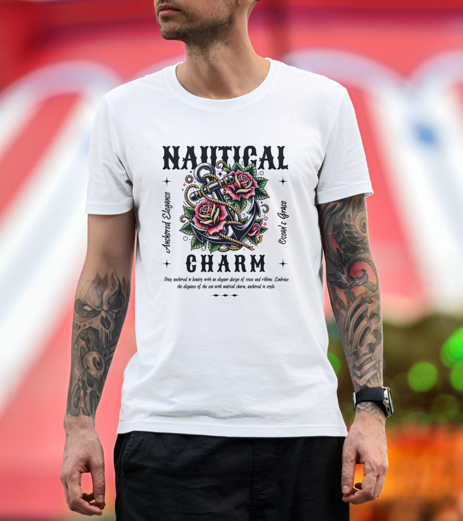 Nautical Charm Anchored Elegance Ocean's Grace Rose Ribbon T-Shirt