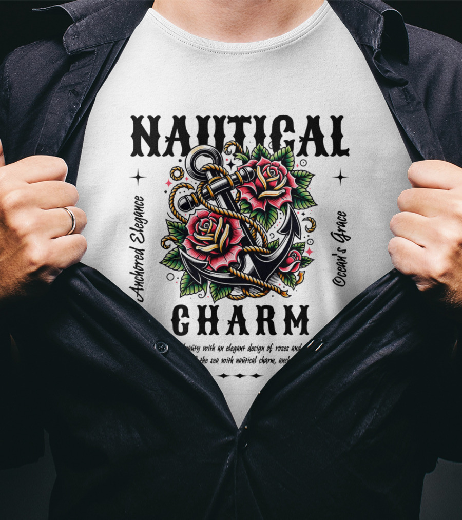 Nautical Charm Anchored Elegance Ocean's Grace Rose Ribbon T-Shirt
