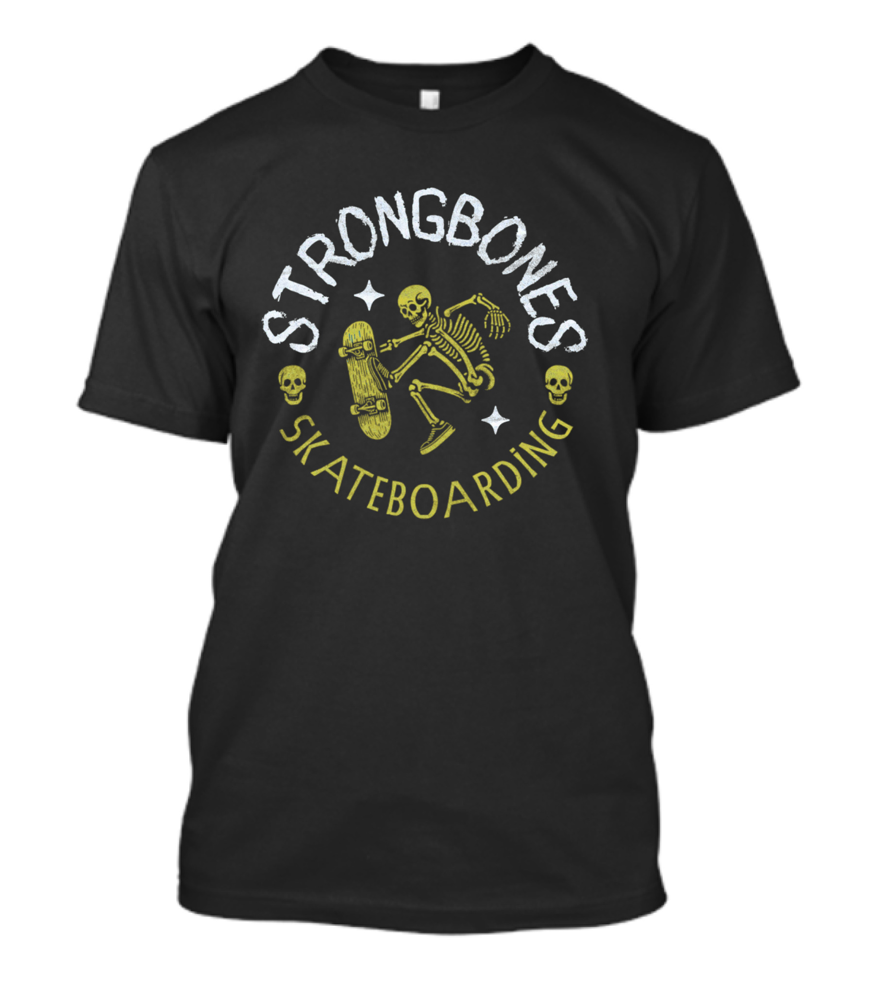Strongbones Skateboarding Skeleton With Skull Accents T-Shirt