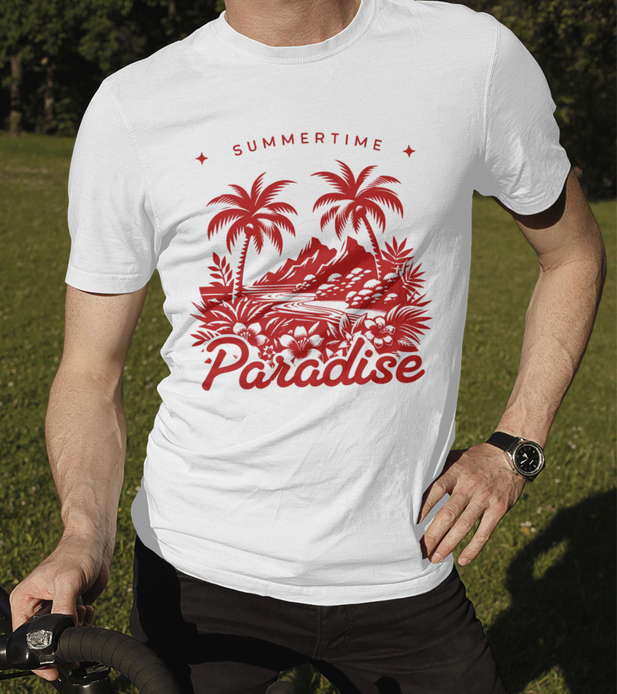 Summertime Paradise Palm Trees And Mountains Landscape T-Shirt