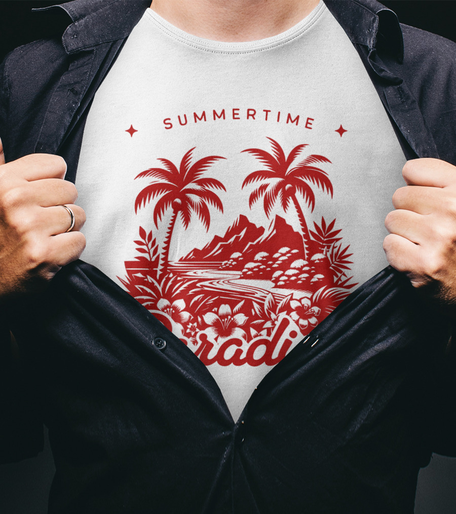 Summertime Paradise Palm Trees And Mountains Landscape T-Shirt