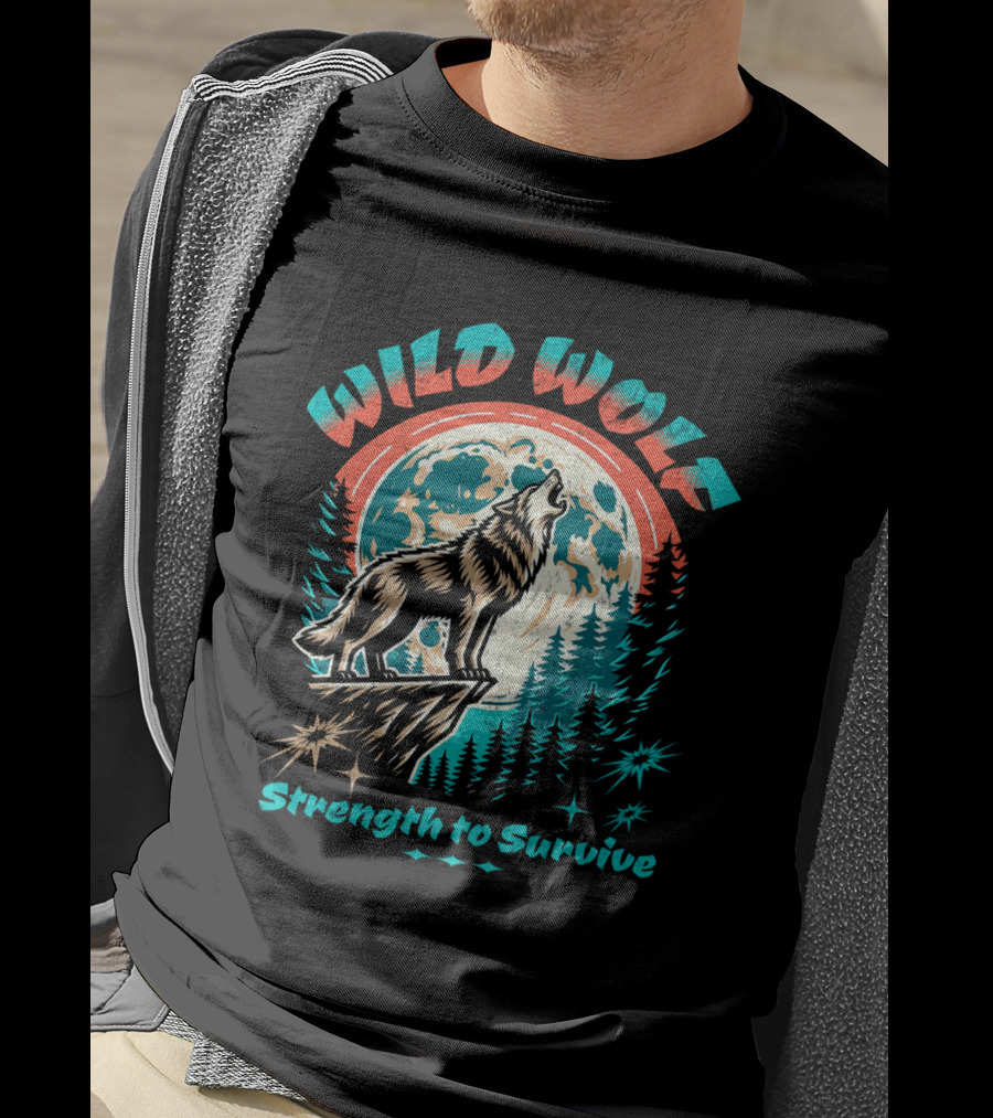 WILD WOLF Strength To Survive Full Moon Forest Scene T-Shirt