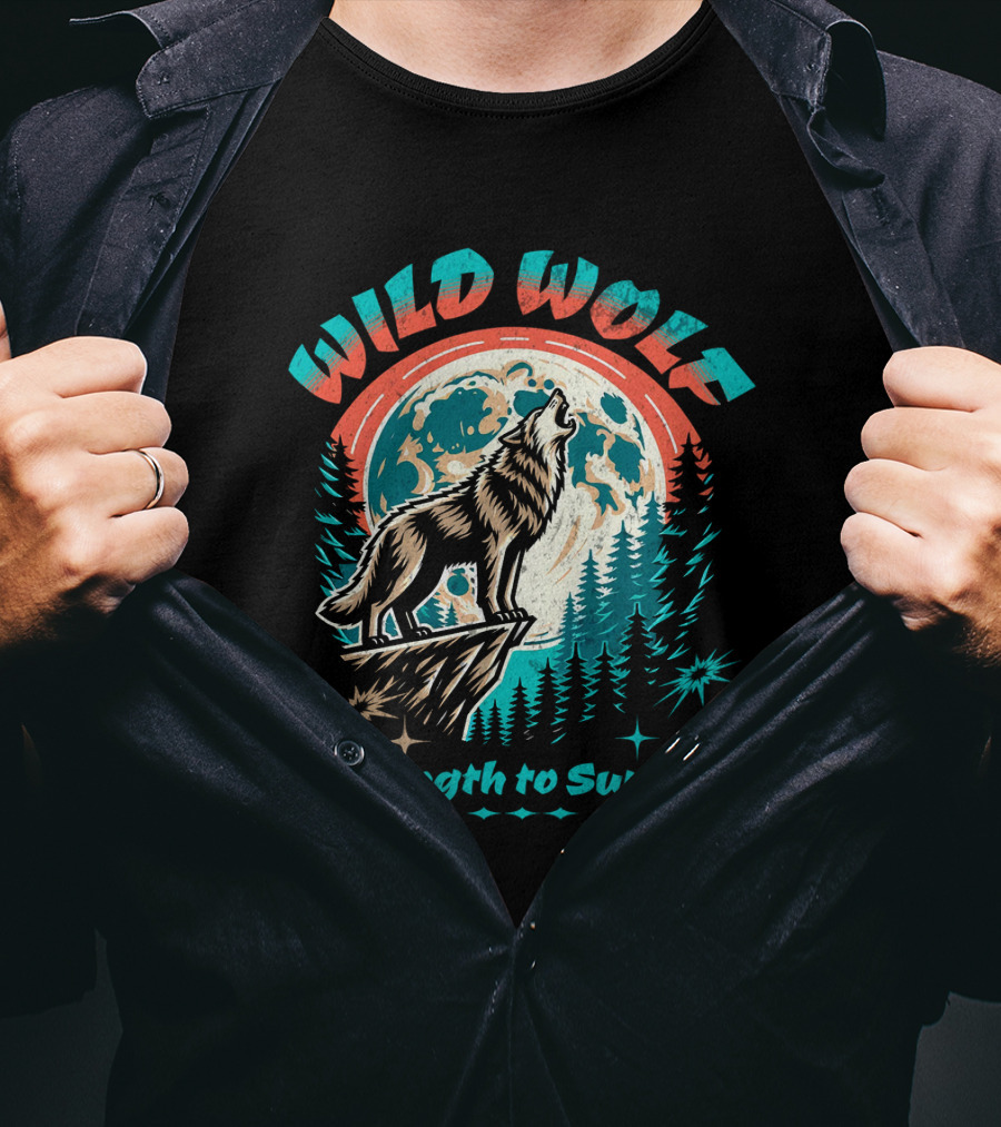 WILD WOLF Strength To Survive Full Moon Forest Scene T-Shirt