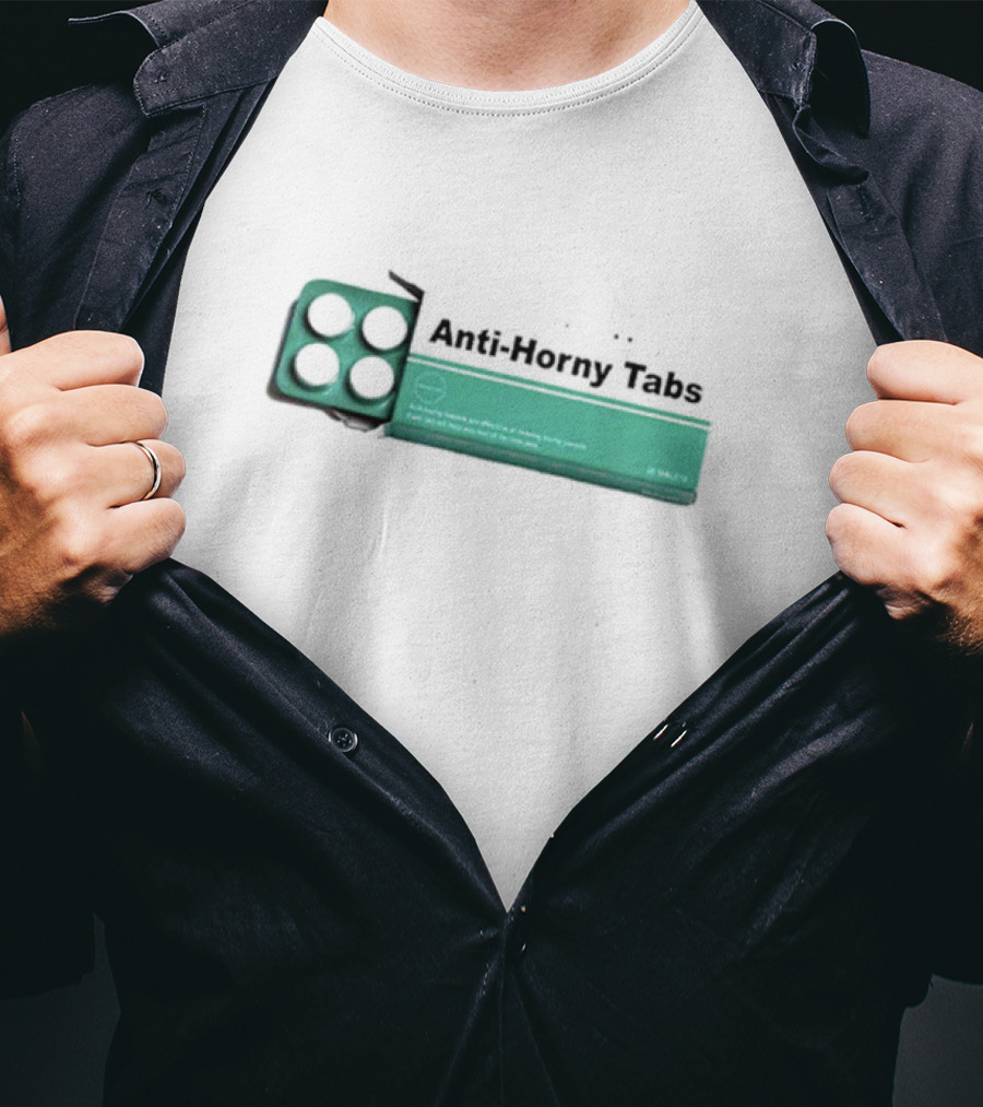 Anti-Horny Tabs Green Box Quirky Text Pills T-Shirt