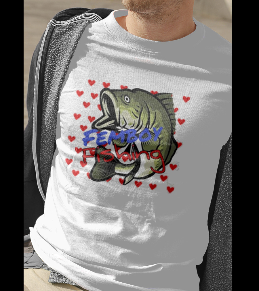 Femboy Fishing With Heart Pattern And Big Mouth Bass T-Shirt