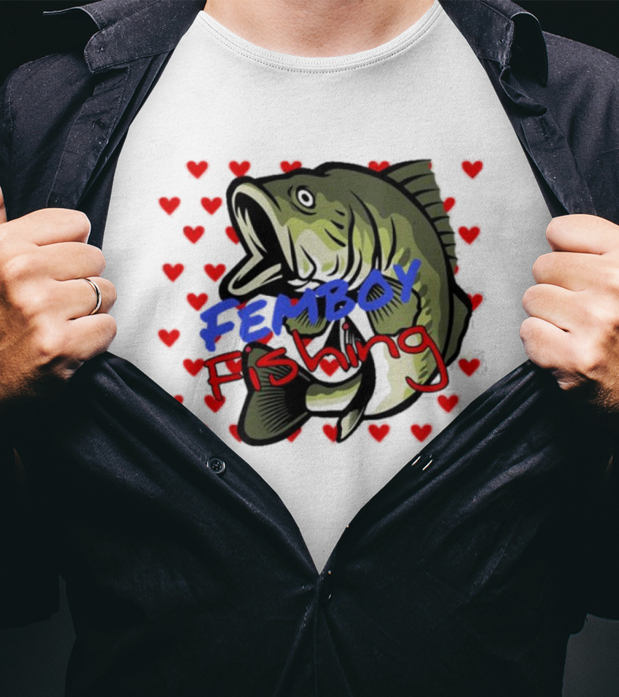 Femboy Fishing With Heart Pattern And Big Mouth Bass T-Shirt