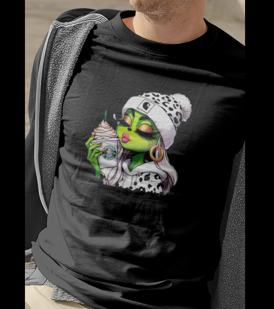 Grinchmas Blend Leopard Girl With Winter Leopard Beanie And Coffee Cup T-Shirt