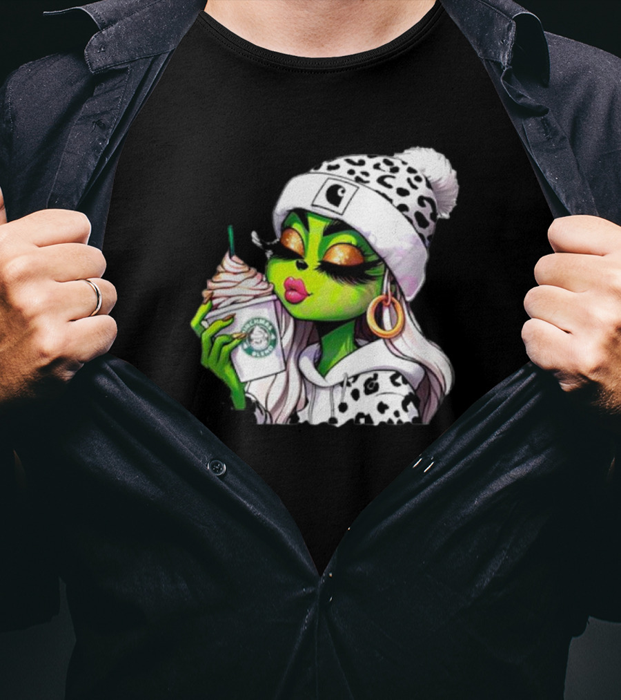 Grinchmas Blend Leopard Girl With Winter Leopard Beanie And Coffee Cup T-Shirt