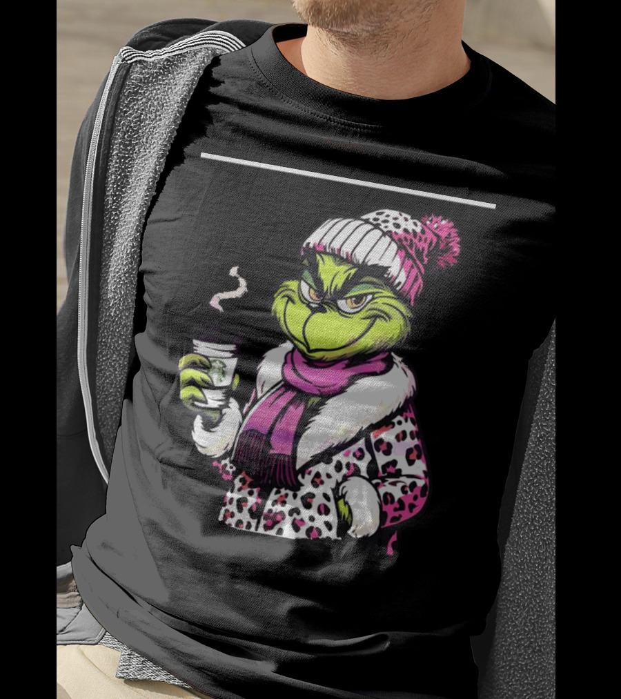 Grinchy And Bougie In Pink Leopard With Coffee Cup T-Shirt