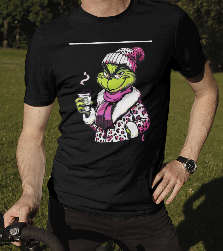 Grinchy And Bougie In Pink Leopard With Coffee Cup T-Shirt