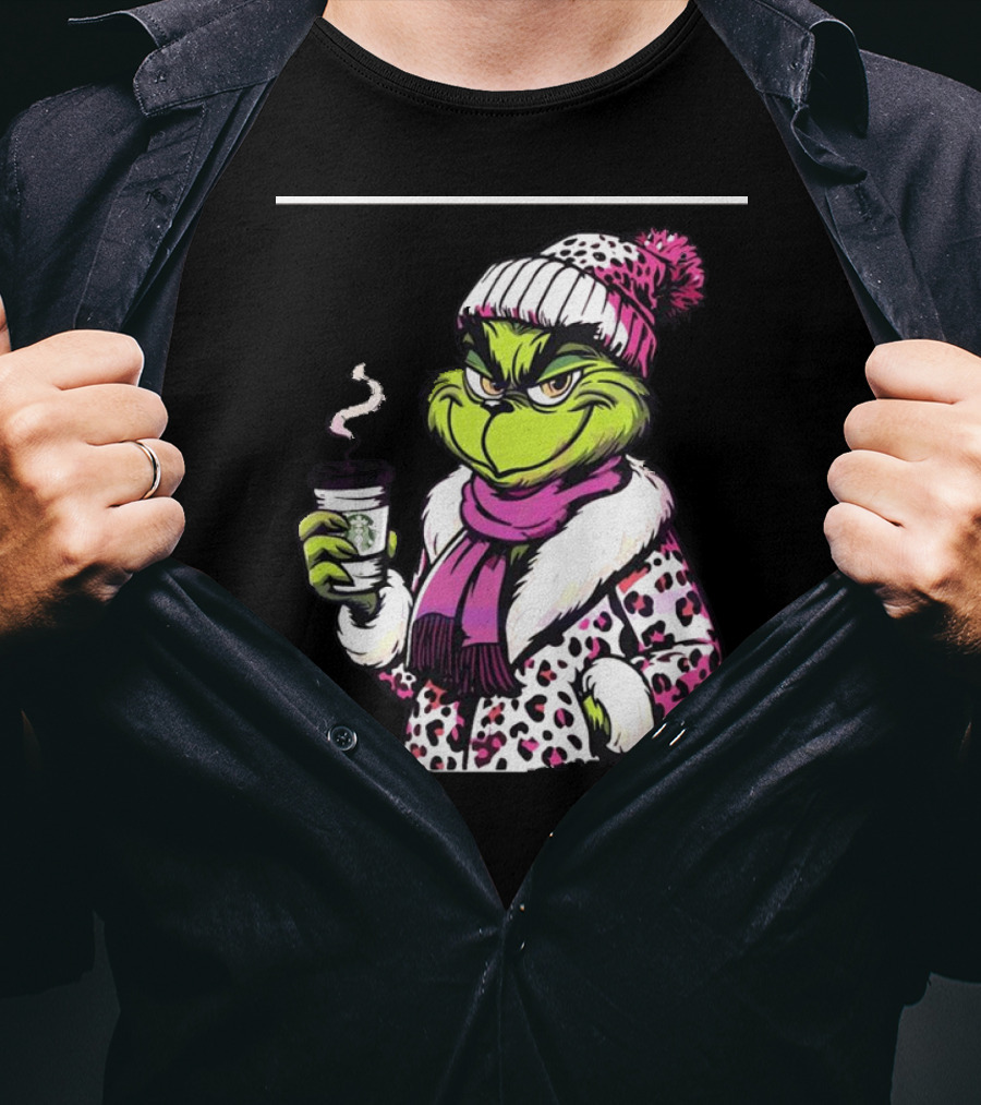Grinchy And Bougie In Pink Leopard With Coffee Cup T-Shirt