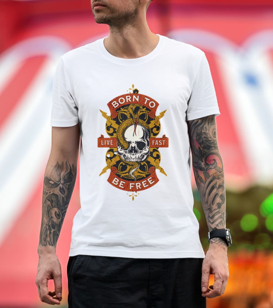 Born To Be Free Live Fast Skull With Snake And Ornate T-Shirt