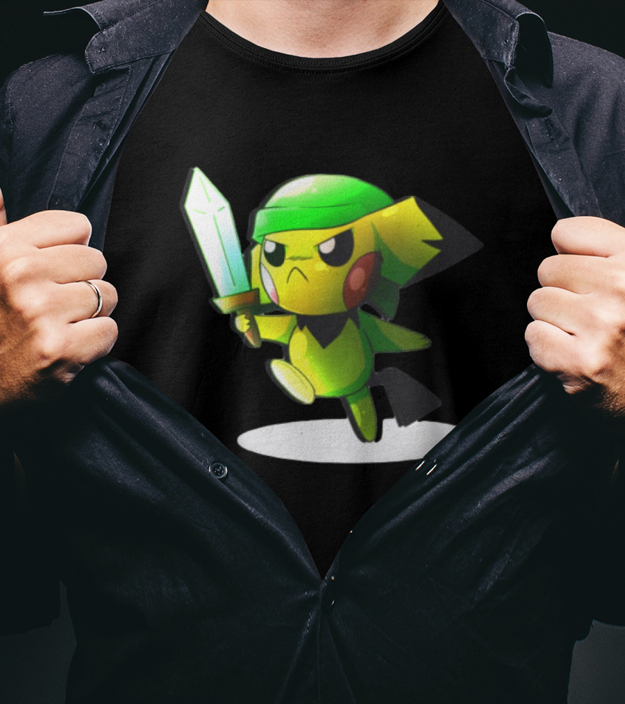 Pikachu Dressed As Link From The Legend Of Zelda With Sword In Hand T-Shirt