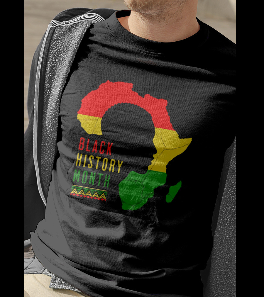 Black History Month African Continent Map With Red Yellow Green Colors And Afro T-Shirt