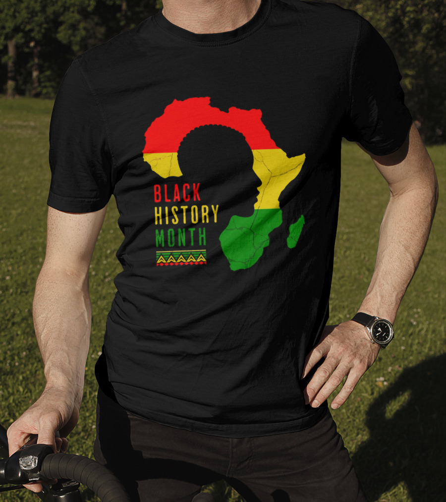 Black History Month African Continent Map With Red Yellow Green Colors And Afro T-Shirt