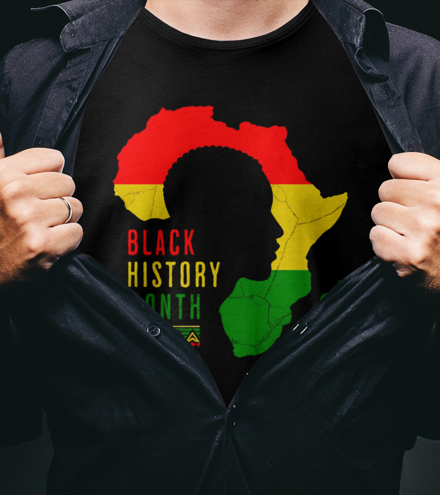Black History Month African Continent Map With Red Yellow Green Colors And Afro T-Shirt