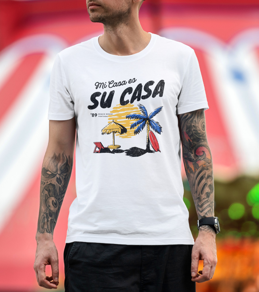 Mi Casa Es Su Casa '89 Beach House Portugal Palm Tree Umbrella Chair Surfboard T-Shirt