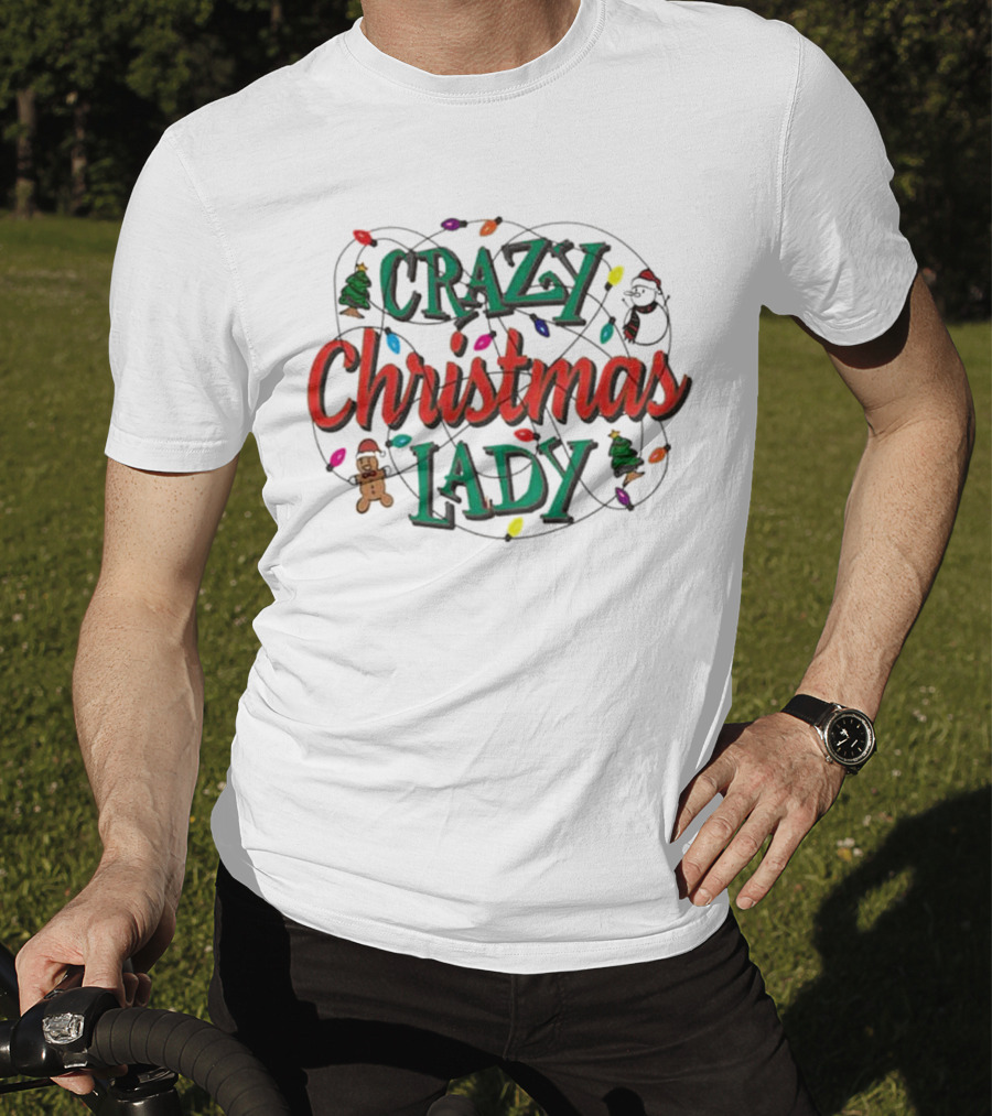 Crazy Christmas Lady Lights Gingerbread Tree Stocking T-Shirt