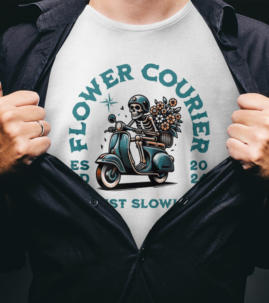 Flower Courier Skeleton Vespa Rider Just Slowly T-Shirt