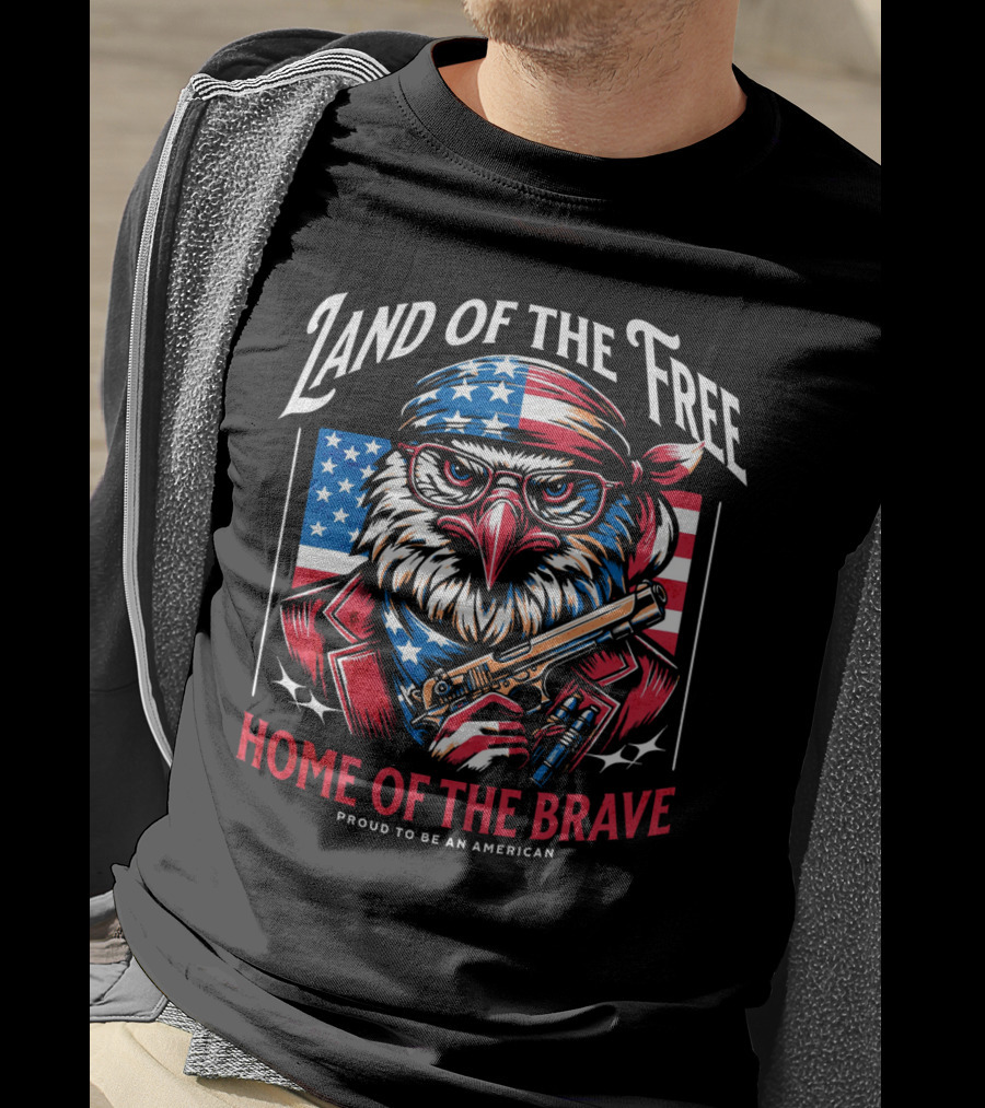 Land Of The Free Home Of The Brave Proud To Be An American Eagle With Bandana And Gun T-Shirt