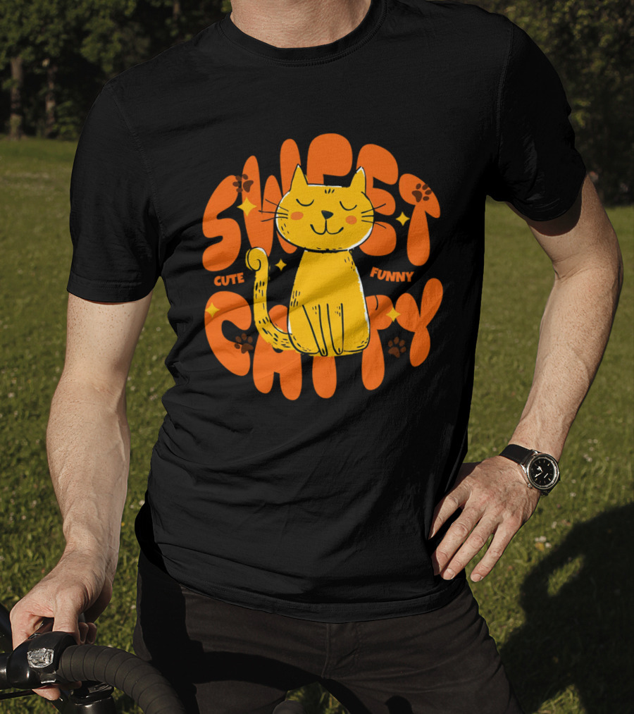 Cute Funny Sweet Cat Happy Yellow Cat With Paw Prints T-Shirt