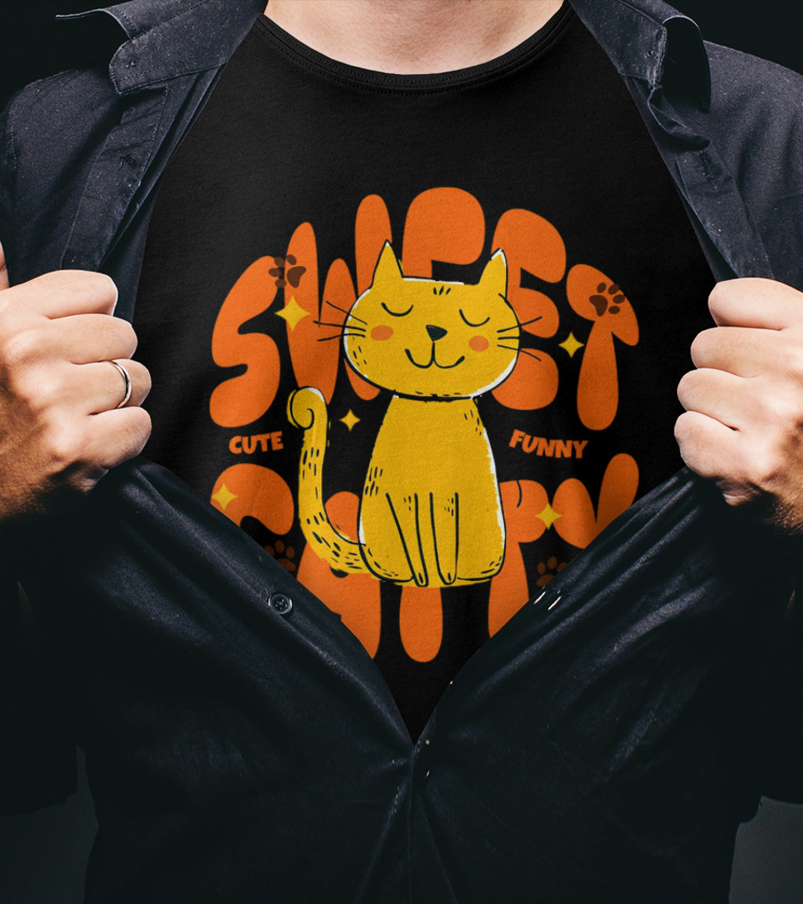 Cute Funny Sweet Cat Happy Yellow Cat With Paw Prints T-Shirt