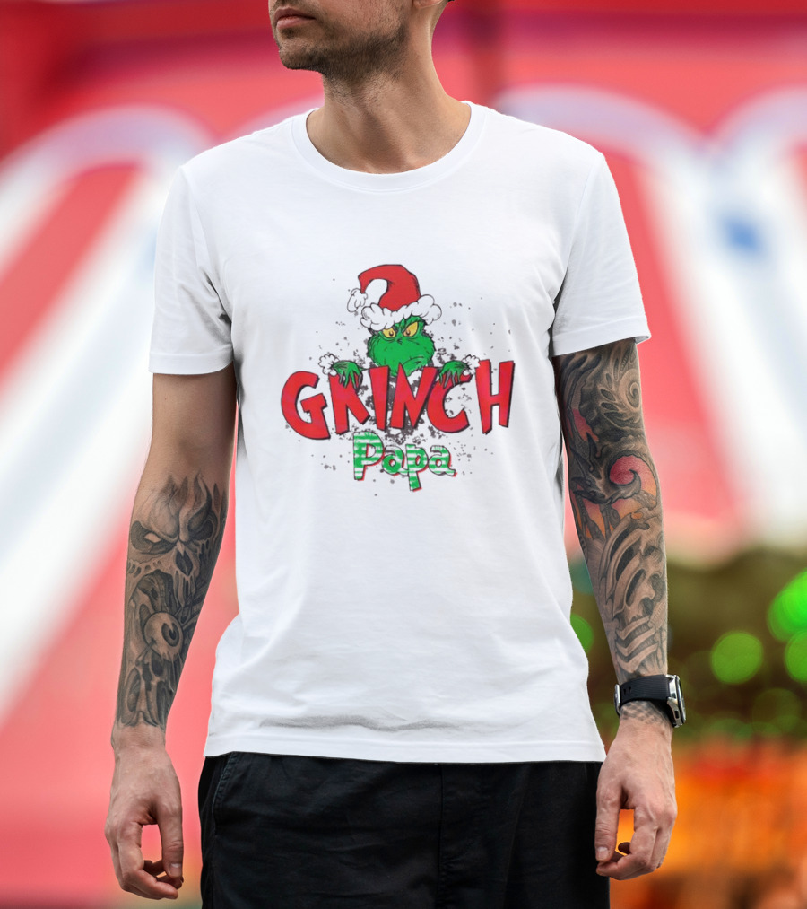 Grinch Christmas Papa Theme with Santa Hat T-Shirt