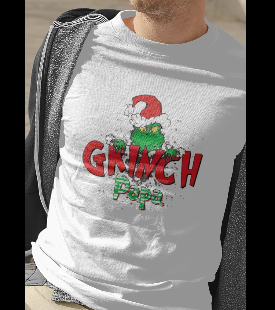 Grinch Christmas Papa Theme With Santa Hat T-Shirt