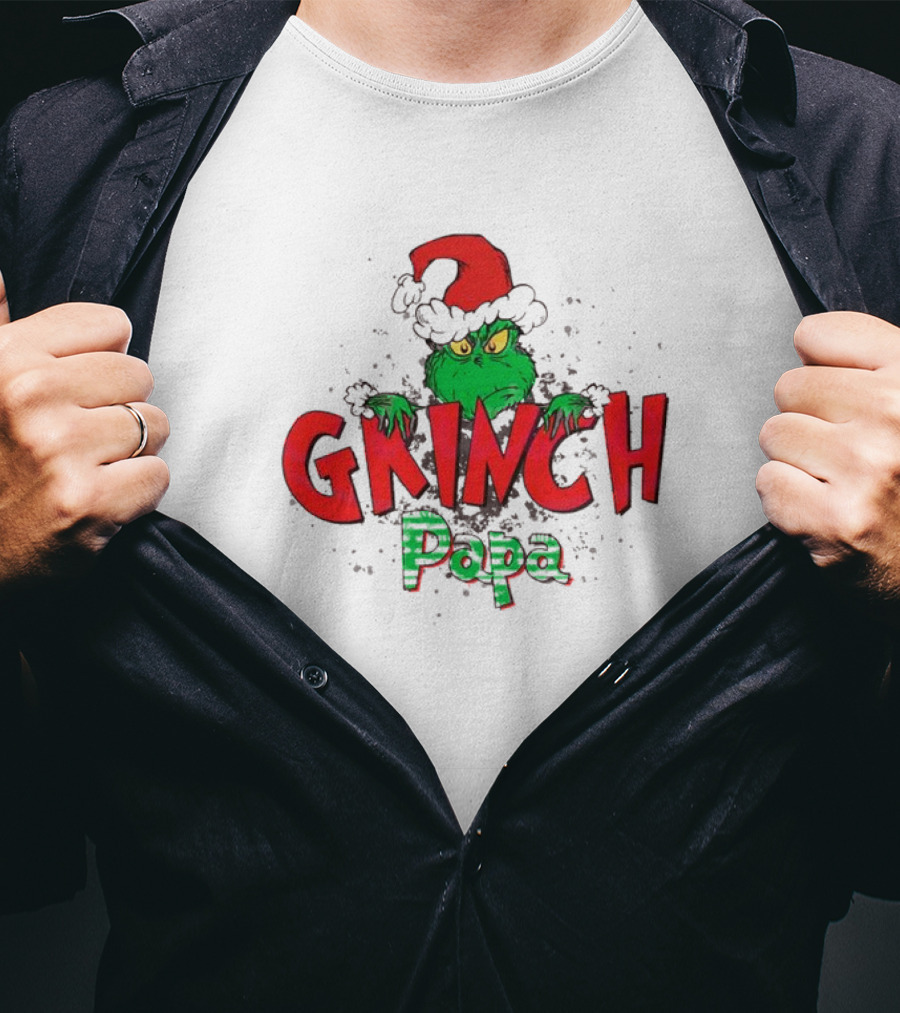 Grinch Christmas Papa Theme With Santa Hat T-Shirt